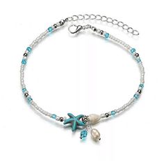 Turquoise Blue White & Clear Starfish & Seashell  Shell Crystal Beads - Ella Moore Beach Carnival, Anklets Online, Starfish Anklets, Dazzling Jewelry, Beach Foot Jewelry, Anklet Chain, Silver Ankle Bracelet, Beaded Ankle Bracelets, Beautiful Anklet