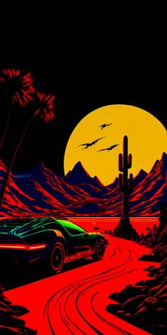 a car driving down a desert road at night with mountains in the background and cactus trees on either side