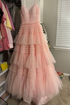 Pink Tiered Ruffle Long Ball Gown with Straps Strapless Long Tiered Ruffles Prom Dress, Prom Dresses With Ruffles And Voluminous Skirt, Blue Prom Dress With Ruffled Straps, Blue Tulle Gown With Ruffles, Pink Ruffled Floor-length Ball Gown, Long Ball Gown, Pink Prom Dress, Long Formal Gowns, Formal Gown