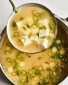 a ladle full of soup with green onions and tofu cubes in it