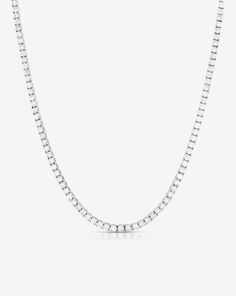 The Classic Diamond Tennis Necklace is a must-have item for your jewelry collection. Versatile enough to be worn from day to night, this iconic piece will never go out of style. We are excited to now offer this style in 4 different carat weights and 2 different lengths! White Gold Tennis Necklace With Pave Setting As Gift, Diamond Necklace With Box Chain For Anniversary, Round Diamond Necklace With Box Chain, White Diamond Necklace With Box Chain, Diamond Box Chain Necklace, Necklace Length Guide, Bracelet Size Chart, Diamond Tennis Necklace, Kids Rings