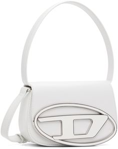 Structured buffed nappa leather shoulder bag in white. · Fixed shoulder strap · Adjustable and detachable crossbody strap · Enamelled logo hardware at face · Magnetic press-stud flap · Patch pockets at interior · Twill lining · H5 x W8 x D3 Supplier color: White Luxury White Bag With Logo Hardware, Chic White Shoulder Bag With Logo Hardware, White Crossbody Shoulder Bag With Logo Hardware, White Shoulder Bag With Logo Hardware For Everyday Use, Elegant White Shoulder Bag With Logo Hardware, White Leather Shoulder Bag With Logo, Designer White Flap Bag With Detachable Strap, White Rectangular Shoulder Bag With Logo Hardware, White Satchel Shoulder Bag With Palladium Hardware