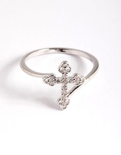 If you like it, put a ring on it! Explore our collection of standout rings to suit all tastes. From dazzling rings encrusted with crystals, to fine and simple pieces - treat yourself to a piece that's uniquely you. | Lovisa Rhodium Cubic Zirconia Cross Ring, Size: Small/Medium, Silver Silver Cross Ring, Cross Engagement Ring, Purity Rings, Purity Ring, Jewelry Cross, Girly Accessories, Jewelry Essentials, Cross Ring, Christian Jewelry