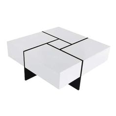 a white coffee table with black lines on the top and bottom, sitting in front of a white background