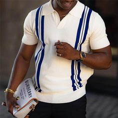 Men's Golf Shirt Striped Graphic Prints V Neck Blue Outdoor Casual Short Sleeves Stripe Clothing Apparel Designer Vintage 2023 - US $23.99 Black Men Casual Style, Knit Polo Sweater, Polo Shirt Outfits, Black Men Fashion Casual, Green Polo Shirts, Knit Polo, Polo Sweater, Black Men Fashion, Casual Stripes