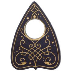 a black and gold triangle shaped mirror with an ornate design on the front, surrounded by stars