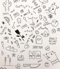 a drawing with many different types of tattoos and words on it's side, including one