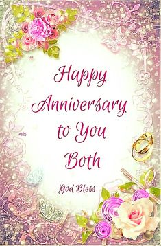 happy anniversary to you both with roses and wedding rings on the frame in pink tones