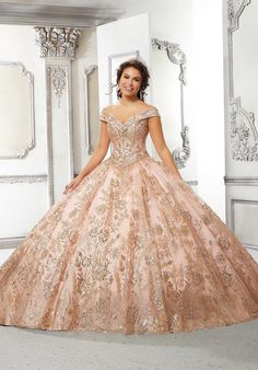 Gorgeous quinceanera ball gown with an off-the-shoulder, sweetheart neckline with sparkling crystal beading on a blooming floral patterned, glitter tulle skirt. Matching stole included. Navy dress styled with Headpiece HQ141 in Silver/Blue. Blush/Rose Gold dress styled with Headpiece HQ144 in Rose Gold. Quinceanera Dresses Damas, Damas Dresses, Rose Gold Dress, Quince Dress, Princess Sleeves, Dresses Quinceanera, Baptism Dress, Mori Lee, Blush Rose