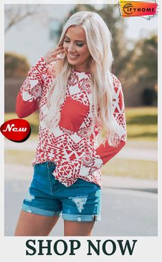 Red Aztec Print Splicing Pocket Long Sleeve Top Red Long Sleeve Spliced Top, Red Color Block Long Sleeve Top, Aztec Print, Long Sleeve Top, Long Sleeve Tops, Sleeve Top, On Sale, Long Sleeve, Free Shipping