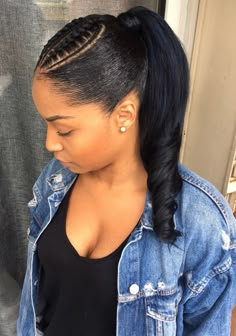 Braid In Front Ponytail In Back, Twist In Front Ponytail In Back, Ponytail With Cornrows On The Side, Cornrows With Ponytail Weave, Ponytail Protective Style, Braided Hair Into Ponytail, Ponytail With Braids On Side, Ponytail With Cornrows, Ponytail Cornrows