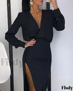 Fisdy - Vestido profesional de manga larga con abertura alta para la oficina Long Sleeve Work Dress, Maxi Pattern, Corporate Dress, Chic Type, Work Dress, Office Dresses, Elegant Chic, Business Dresses, Dress Size Chart