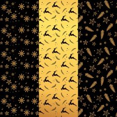 four different patterns with gold stars and snowflakes on black, yellow and white background