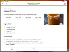 a computer screen showing the caramel sauce menu