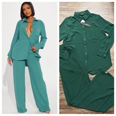 Fashion Nova Set New Trendy Spring Pantsuit For Night Out, Chic Workwear Button-up Sets, Casual Green Long Sleeve Pantsuit, Casual Long Sleeve Pantsuit For Party, Casual Green Pantsuit For Spring, Casual Long Sleeve Pantsuit For Night Out, Chic Summer Pantsuit With Long Sleeves, Casual Fall Pantsuit For Night Out, Chic Summer Long Sleeve Pantsuit