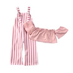 Super adorable 2 piece set! Size: 6m-4T Striped Flare Pants, Jumpsuit Outfits, Cheap Clothing, Ruffle Crop Top, Overalls Pants, Clothes Summer, Girls Clothing Sets, Toddler Kids, Crop Top Blouse