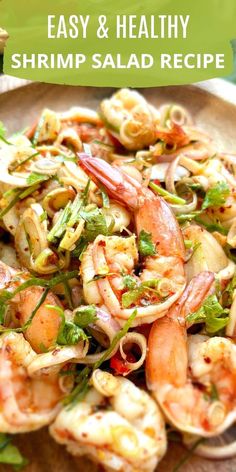 shrimp salad on a plate with text overlay that reads easy and healthy shrimp salad recipe