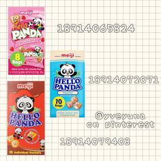 three boxes of hello panda candy on a white background with the words hello panda written in japanese