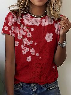 Affordable price buy T-shirts on Lilicloth.com, SPU: 1W616T-3M3C12, Color: As Picture, Pattern:Floral, Elasticity:Micro-Elasticity. Spring Crew Neck T-shirt With All Over Print, Casual All Over Print T-shirt For Spring, Red Printed Crew Neck Top, Red Crew Neck Printed Top, Red Crew Neck Top With Print, Spring Short Sleeve Printed Tops, Spring Crew Neck T-shirt With Printing, Red Floral Print Short Sleeve T-shirt, Red Short Sleeve T-shirt For Spring