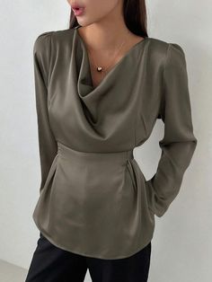 DAZY Women's Puff Long Sleeve Blouse With Cowl Collar Long Sleeve Solid Color Blouse For Party, Solid Color Long Sleeve Party Blouse, Solid Color V-neck Blouse For Party, Elegant Lantern Sleeve Blouse In Solid Color, Elegant Blouse With Lantern Sleeves In Solid Color, Fitted Solid Color Blouse For Winter, Fitted Solid Color Winter Blouse, Elegant Solid Color Blouse For Party, Winter Workwear Blouse In Solid Color