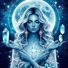 a woman holding crystals in her hands with the moon and stars above her head