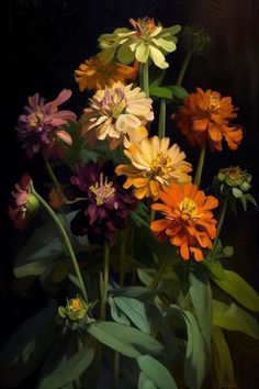 an oil painting of colorful flowers in a vase