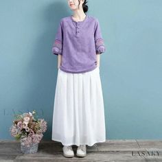 Lasaky - Timeless Tasteful Comfortable Relaxed Tee Casual Purple Blouse Relaxed Fit, Purple Relaxed Fit Crew Neck Blouse, Vintage Style Blouses, Sleeve Stencil, Vintage Chic, Types Of Collars, Sleeve Type, Cotton Shirt, Timeless Elegance