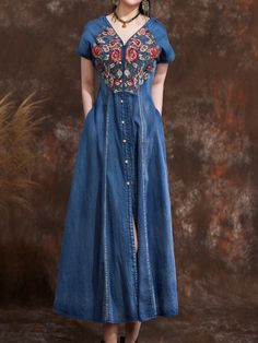 Women's Denim Dress High End Tribal Embroidery Floral V-Neck Western Style Cowgirl Dress Embroidered Bohemian Denim Dress, Fitted Denim Blue Bohemian Dress, Blue Embroidered Bohemian Denim Dress, Bohemian Embroidered Denim Dress, Blue Bohemian Embroidered Denim Dress, Embroidered Denim Blue Dress, Spring Bohemian Denim Blue Denim Dress, Blue Bohemian Denim Dress For Spring, Embroidered Denim Dress In Blue