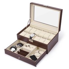 PRICES MAY VARY. 1. Size: 11.8"L x 7.9"W x 5.1"H.There is ample space between the lid and the cushion for different size watches (30mm-50mm) 2. Unique Design: Made of premium quality artificial leather and velvet, this mens watch organizer is exquisite, gorgeous and upscale. And it is easy to clean. You just need to wipe the display case organizer with cloth 3. Large Acrylic Lid: Your watches and jewlerys will be protected well from dust and scratching for the transparent acrylic cover. You will Mens Jewelry Box Storage Organizers, Mens Jewerly Storage, Watch Storage In Wardrobe, Man Jewelry Box Storage, Mens Jewelry Box Storage, Good Gifts For Parents, Jewelry Tray Organizer, Watch Organizer, Jewelry Display Box