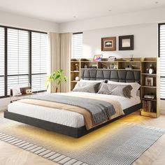 a large bed sitting in the middle of a bedroom next to a book shelf filled with books