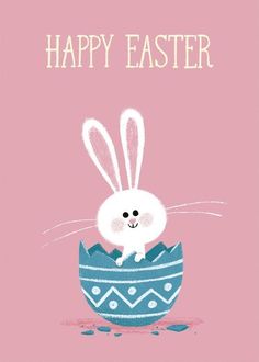 a card with an image of a bunny in a blue egg and the words happy easter