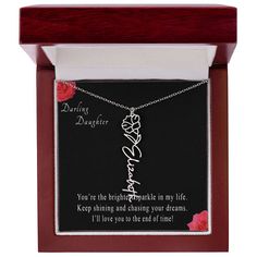 You're the brightest sparkle in my life. Keep shining and chasing your dreams. I'll love you to the end of time! If you are looking for a special gift for your daughter, look no further than our exquisite personalized necklace. With its customizable birth flower design, this necklace adds a touch of meaningful elegance to any jewelry collection. Whether she's stepping out for a special event or just adding some flair to her everyday ensemble, this necklace is the perfect accessory for your extra Inspirational Jewelry For Mother's Day With Gift Box, Mother's Day Inspirational Jewelry With Gift Box, Inspirational Jewelry For Birthday Gift On Valentine's Day, Inspirational Jewelry Gift With Box, Inspirational Jewelry With Gift Box, Valentine's Day Birthday Gift Wrapped Jewelry, Inspirational Jewelry For Mother's Day Anniversary, Inspirational Jewelry For Anniversary And Mother's Day, Mother's Day Jewelry Gift For Mom With Gift Box