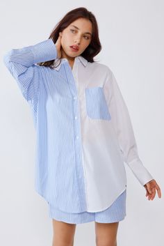 Spice up any look with this delightful Pamela striped color block shirt! Featuring contrast colors, oversized buttons, long sleeves, chest pockets, and a hi-low round hemline, this shirt is the perfect addition to any wardrobe. Plus, the 100% cotton fabric is lightweight and breathable, so you won't feel itchy or uncomfortable. Bring your style game to a whole 'nother level! Color Block Shirts, Oversized Top, Spice Up, Contrasting Colors, White Stripe, Color Block, Cold Shoulder Dress, The 100, Bell Sleeve Top