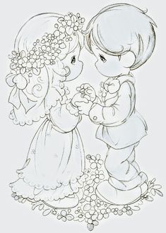 a drawing of two children standing next to each other with flowers in their hair and holding hands