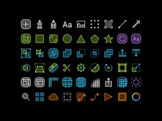 a set of different colored icons on a black background, including arrows and other symbols