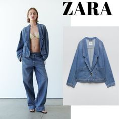 Zara Denim Jacket. Size M. Not That Oversized. Fits Perfect. Front Pokets Lapel Collar Extr Button Attached Casual Denim Blazer With Patch Pockets, Spring Blue Blazer With Patch Pockets, Trendy Spring Denim Jacket With Patch Pockets, Spring Denim Jacket With Patch Pockets And Relaxed Fit, Spring Relaxed Fit Denim Jacket With Patch Pockets, Casual Denim Blue Blazer With Pockets, Oversized Zara Denim Outerwear, Spring Button-up Denim Jacket With Patch Pockets, Oversized Denim Outerwear By Zara