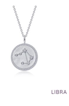 Personalize your look with a sparkly simulated diamond zodiac pendant necklace crafted from platinum-bonded sterling silver for elegant shine. 18" length; 2" extender; 5/8" diameter pendant Total simulated diamond weight: 0.54ct. Sterling silver bonded with platinum/simulated diamond Imported Sterling Silver Zodiac Jewelry In White Gold, White Gold Zodiac Sign Jewelry, Round Shape, White Gold Round Zodiac Sign Jewelry, Sterling Silver Zodiac Sign Jewelry For Anniversary, Silver Zodiac Sign Medallion Jewelry, Silver Zodiac Sign Jewelry For Anniversary, Celestial Silver Zodiac Sign Necklace, Celestial Silver Zodiac Necklaces, Celestial Zodiac Sign Silver Necklaces