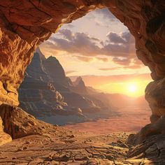 an artist's rendering of a cave entrance with the sun setting in the distance