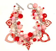 Excited to share this item from my #etsy shop: Valentine Charm Bracelet with Red, Pink and White Beads and Enamel Heart Charms Fun Bracelet, Christmas Charms, Pink Beads, Christmas Earrings, White Beads, Charm Bracelets, Pink Heart, Matching Earrings, Heart Charm