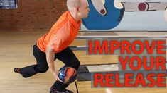 a man in an orange shirt and black pants skating on a wooden floor with the words improve your release