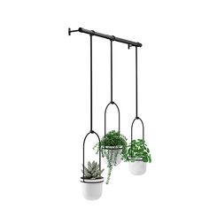 three hanging planters with plants in them on a white background, one is black and the other is white