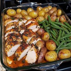 chicken, potatoes and green beans in a casserole dish