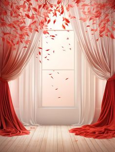 an open window with red curtains and leaves on the drapes in front of it