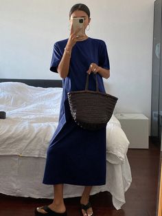 Women's Loose Fit Round Neck Short Sleeve Elegant Casual Dress Navy Blue Casual  Short Sleeve Knitted Fabric Plain Tee Slight Stretch  Women Clothing, size features are:Bust: ,Length: ,Sleeve Length: Casual Blue Plain Dress, Casual Long Blue Maxi Dress, Casual Solid Blue Maxi Dress, Casual Blue Solid Color Maxi Dress, Casual Blue Maxi Dress Solid Color, Casual Blue Maxi Dress, Casual Long Blue Midi Dress, Elegant Casual Dress, Casual Denim Shorts