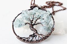 Tree of Life Necklace Aquamarine tree pendant by AliraTreasures Spiritual Aquamarine Jewelry For Gifts, Turquoise Copper Wire Necklace As Gift, Turquoise Copper Wire Necklace Gift, Turquoise Copper Wire Necklace For Gift, Handmade Aquamarine Jewelry Gift, Unique Aquamarine Jewelry As A Gift, Unique Aquamarine Jewelry For Gift, Light Blue Gemstone, Talisman Pendant