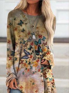 Women Deep Khaki Casual Butterfly Printed Long Sleeve Shirts Vintage Butterfly Print, Vintage Crew Neck, Ombre Shirt, Vestidos Retro, Printed Tunic Tops, Maxi Robes, Vintage Butterfly, Print Tunic, Butterfly Print