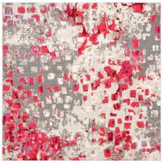 an abstract rug with red and gray squares on the ground, in shades of grey