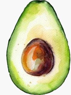 an avocado cut in half on a white background with watercolor paint effect