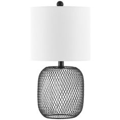 a table lamp with a white shade on the base and a black wire basket design