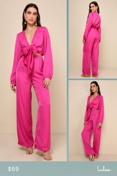 Take your daily looks to iconic new levels with the Lulus Trendsetting Direction Magenta Satin Tie-Front Wide-Leg Jumpsuit! Sleek woven satin shapes long balloon sleeves (with elastic at the cuffs) that frame a functional tie-front bodice with a V-neckline and a flirty cutout detail at the front. Banded waist has stretchy elastic at the back, and tops wide legs that end at ankle-grazing hems. Hidden zipper/clasp at side of pants. Fit: This garment fits true to size. Length: Floor length. Size me Solid Long Sleeve Sets For Party, Satin Long Sleeve Sets For Workwear, Spring Satin Jumpsuits And Rompers In Solid Color, Elegant Satin Long Sleeve Jumpsuits And Rompers, Elegant Long Sleeve Satin Jumpsuits And Rompers, Formal Satin Sets For Summer, Elegant Long Sleeve Satin Jumpsuit, Chic Long Sleeve Silk Sets, Chic Silk Long Sleeve Sets